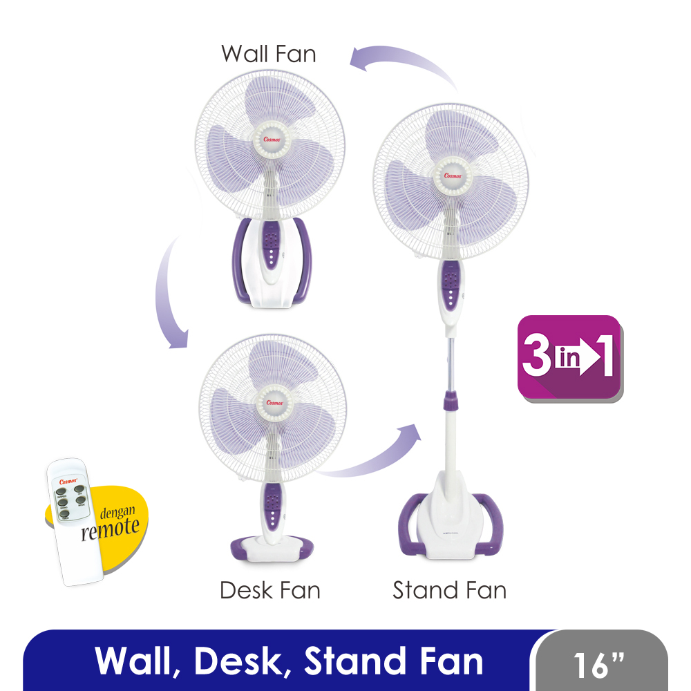 Kipas Angin Meja Dinding Lantai Cosmos 16-S088 - Fan 3in1 16 inch (Wall, Desk, Stand) with Remote