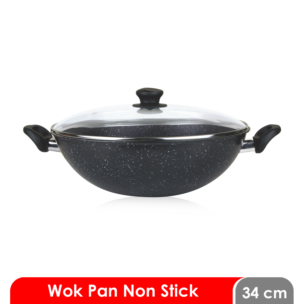 Alat Masak Panci / Kuali Ceraflon Cosmos Marble CW-34 MBCF - Non Stick Wok Pan with Cover 34 cm